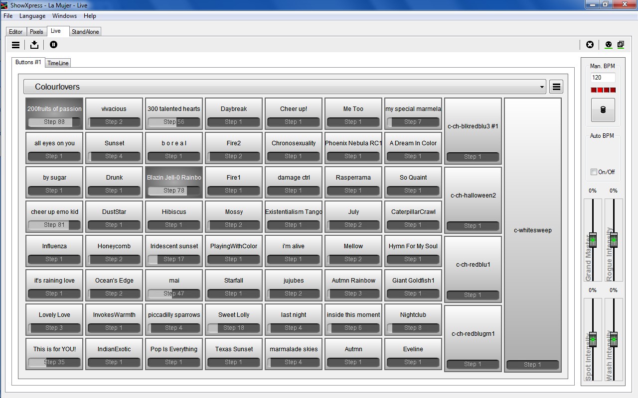 Colors patched to knobs on APC40.  columns are knob groups.  rows are knob.